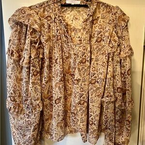 Olivaceous Floral Ruffle Blouse - Brown and Cream